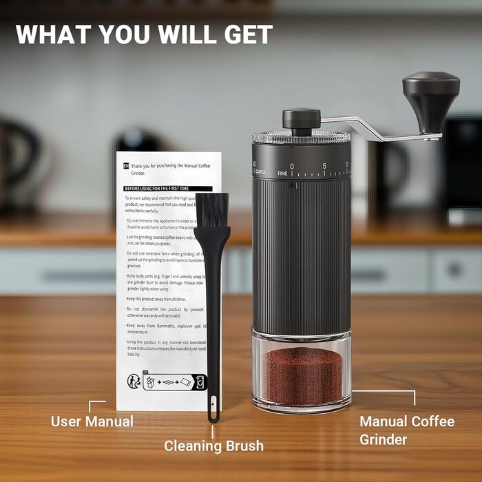 Ручна кавомолка з керамічним жорном, 40 налаштувань помелу, 30г, для еспресо, френч-пресу, подорожей (чорний)