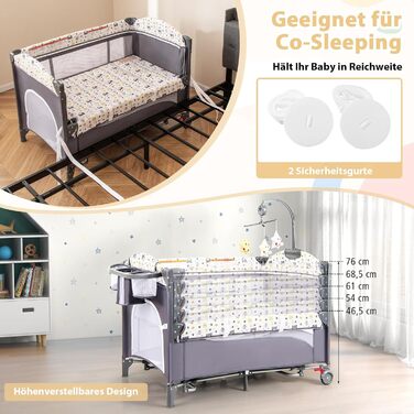 Дитяче ліжко-манеж DREAMADE 5 в 1 з матрацом, з колесами та пеленальним столиком, з музичною іграшкою, 110x76 см, для новонароджених, з сумкою для перенесення (зелений, кольоровий)