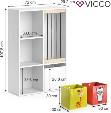 Дитяча полиця Vicco Luigi, біла, 72 x 107,8 см з 2 відкидними коробками Opt.5 (107x114 см з 6 відкидними коробками Opt.2)