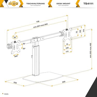 Підставка для монітора RICOO 2 монітори, Dual Monitor-Arm, TS3811, TS4111, для моніторів 17-27 дюймів