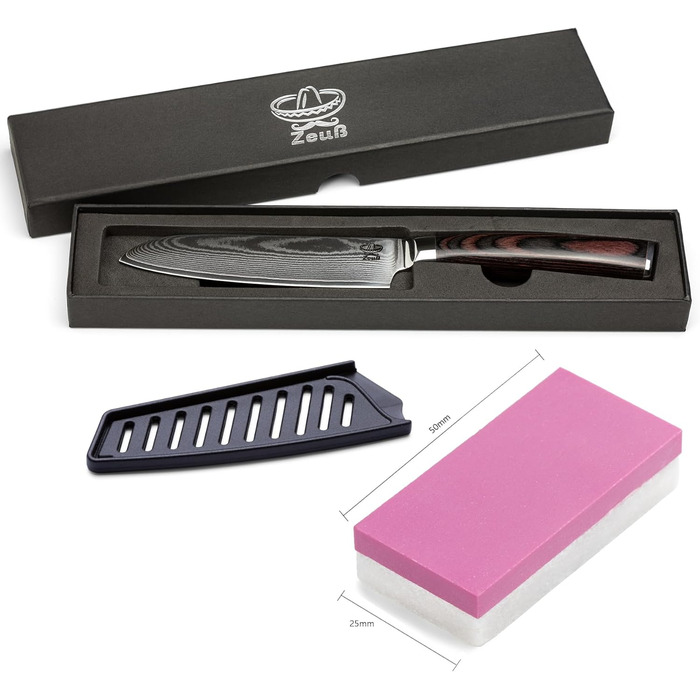 Ніж Santoku ZEUß Damast (24 см) - професійний кухонний ніж з дамаської сталі 67 шарів, з точильним каменем, дерев'яною ручкою та захистом леза, подарункова коробка