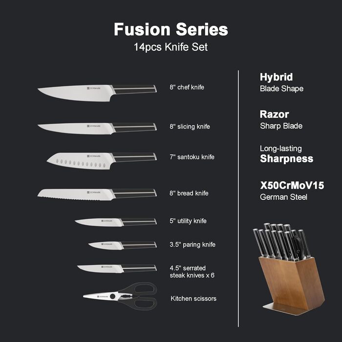 Набір ножів 14 предметів з бруском, кухонний набір ножів з дерев'яним бруском, леза з німецької сталі X50CrMoV15 (шеф-ніж, сантоку, ніж для стейка, ніж для овочів, ножиці). Чорний колір.