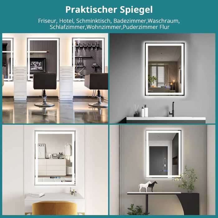 Дзеркало для ванної кімнати YOURLITE з підсвічуванням, 85x55 см, LED, сенсорне керування, 3 кольори світла, регулювання яскравості, антизапар, горизонтальне/вертикальне, IP44, білий (срібний, 80x60 см)