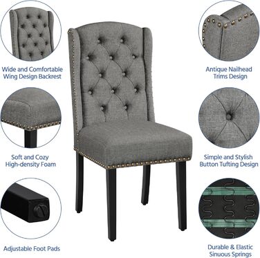 Набір кухонних стільців Yaheetech з крилатим спинком, оббитий стілець для їдальні, до 140 кг, сірий (2, світло-сірий)