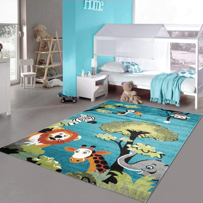 Синій килимок для дитячої кімнати з милими лісовими звірятами - ідеальний варіант для природної атмосфери, 200х290 см 200 х 290 см Синій помаранчевий