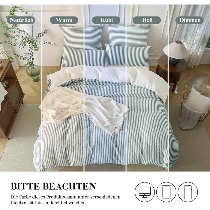 Набір постільної білизни SOULFUL 200x200, бавовна, смугастий дизайн, джакард, екологічна бавовна, бохо стиль, преміум якість, сертифікат Öko-Tex 100, колір деним (темно-зелений & білий), 4-елементний комплект (2x 135*200 см | 2x 80*80 см)