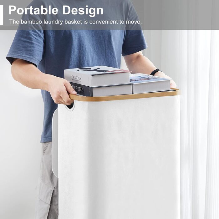 Кошик для білизни Youdenova з кришкою 85л, бамбук та дерево, сортувальник для білизни, великий, складний, білий