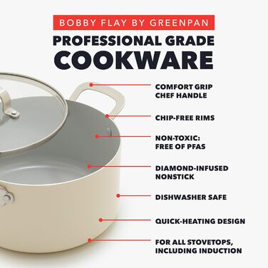 GreenPan x Bobby Flay каструля 5.7 л з нержавіючої сталі з кришкою з термостійкого скла, антипригарне покриття Diamond Ceramic, індукційний, легко миється, можна мити в посудомийній машині та використовувати в духовці, сірий (Графіт/Nature's Delight)