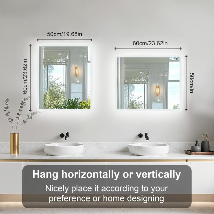 Дзеркало для ванної кімнати LUVODI з підсвічуванням 40x50 см: регульоване LED дзеркало з 3 кольорами світла, 2 сенсорні кнопки, запобігає запотіванню, водонепроникне, монтаж на стіну (горизонтальний/вертикальний)