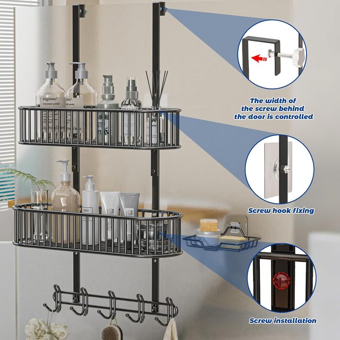 Настінна поличка для душу без свердління, чорна, для скляних душових кабін, регульована висота, 3 гачки, для шампуню та гелю для душу