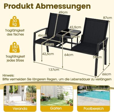 Садова лавка COSTWAY з столом, 2-місна, з дихаючої тканини, для балкона, саду, тераси 137x66x87 см