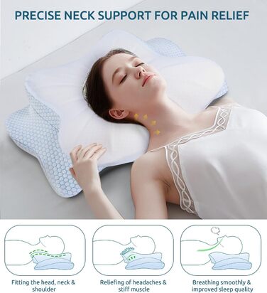 Подушка для шиї, подушка з піною з пам'яті, ергономічна подушка для шиї, подушка для тих, хто спить на боці, на спині та животі, сіро-білий колір (блакитний), 70 x 42 x 14 см