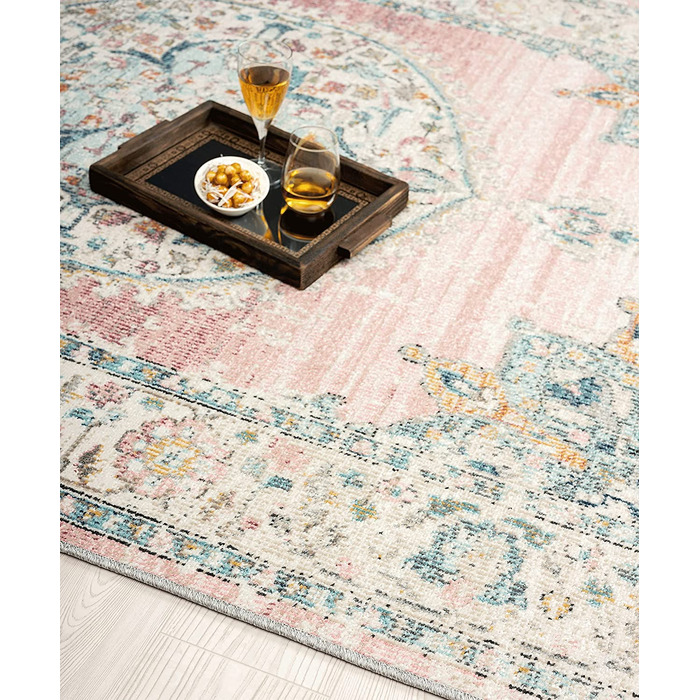 Килим Пальма міцний килим, плоска тканина, сучасний дизайн, Ідеально підходить для кухні та їдальні, вінтажний вигляд, старий вигляд, дуже плоский, навіть для використання на відкритому повітрі, (200 х 290 см, рожевий)