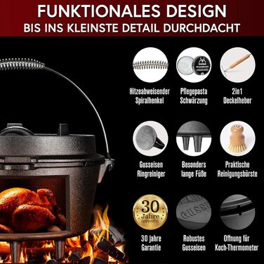 Набір голандського казана – 4,5 л, чавунний, для 2-4 осіб, з ніжками, подвійна функція, з кришкою-інструментом, очисником, щіткою та книгою рецептів – 30 років гарантії