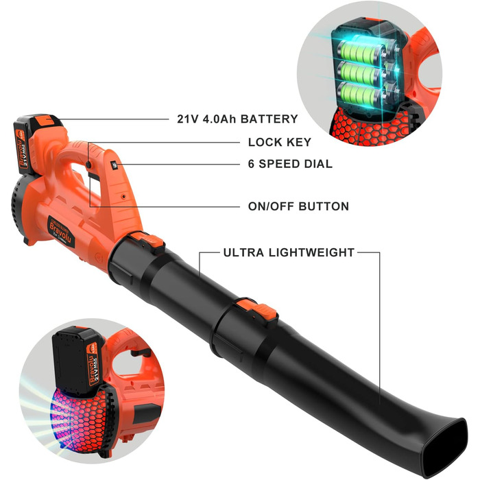 Акумуляторний повітродувач Bravolu 21V, 210 км/год, 4.0 Ah, 4000mAh, з зарядним пристроєм, 6 швидкостей