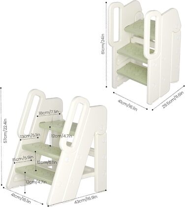Триттхокер Hoopyosms для дітей, 2/3-рівневий, регульована висота, складний, з поручнями, антиковзкий, для ванної та кухні, піднімна драбинка для малюків (Класичний, Зелений)