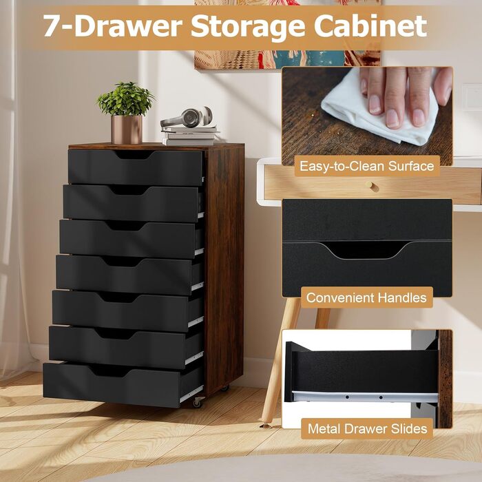 Роликовий контейнер KOMFOTTEU з шухлядами, мобільний офісний шафчик, шафка для документів на колесах, білий офісний візок, шафка для паперів та документів (Коричневий)