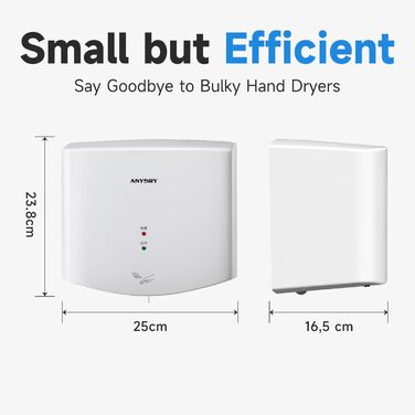 Anydry 2630S: Компактний електричний сушар для рук з автоматичним керуванням, для монтажу на стіну, для дому та комерційних приміщень, 1400-1650W, білий