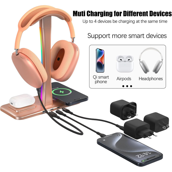 Підставка для навушників з бездротовим зарядним пристроєм, RGB-підсвічування, сумісна з AirPods Max, iPhone, Samsung, ідеальний подарунок для геймерів (Золото)