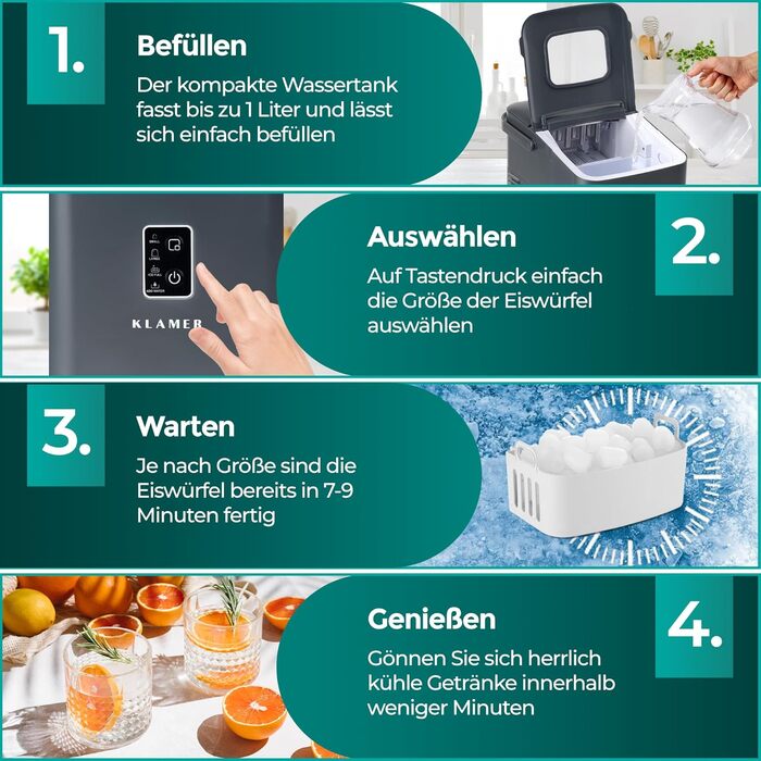 Льодогенератор KLAMER 24 кг/добу, 3 розміри льоду, 2.2л резервуар, 130W, тихий, сірий