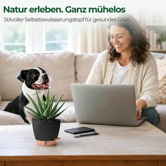 Набір 4 самополивні горщики T4U 15 см з індикатором рівня води, для дому та саду, чорний