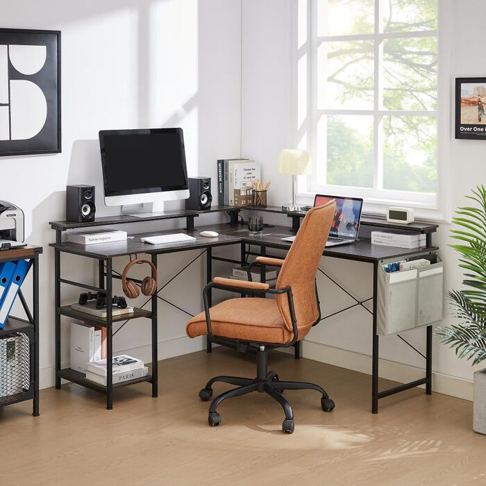 Ігровий кутовий стіл L-подібний з LED-підсвічуванням та розетками, 140x140 см, реверсивний комп'ютерний стіл з підставкою для монітора, 4 полиці та бокові кишені для дому та офісу (Чорний, 140x140x85 см)