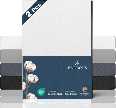 Простирадло BARBONS Premium Fitted Sheet 160x200 см сертифіковане Oeko-TEX, 100 бавовняне простирадло, простирадло з трикотажу, простирадло, висота матраца до 25 см ( 160x200 2 шт. ) (Простирадло 180x200 см (2 шт. ), Біле)