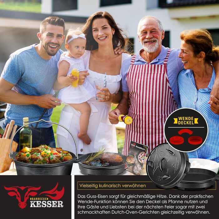 Набір голландських казанів KESSER® BBQ Feuertopf: 13.6 л, чавун, з кришкою-підйомником, ручкою та отвором для термометра. Ідеально для приготування на грилі, на відкритому вогні та в приміщенні.