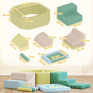 Набір з 15 м'яких кубиків та 200 пластикових кульок для дитячого басейну з кульками, ідеально підходить для гри в приміщенні. Виготовлений з безпечного пінопласту, яскравих кольорів.