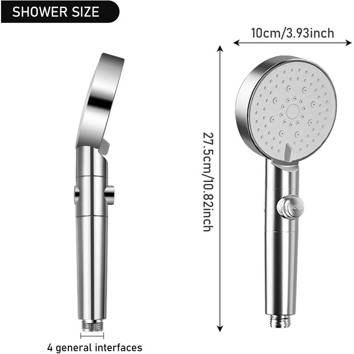 Ручний душ високого тиску GEFIRE, 5 функцій, перемикач увімкнення/вимкнення, економія води, захист від засмічення, срібло