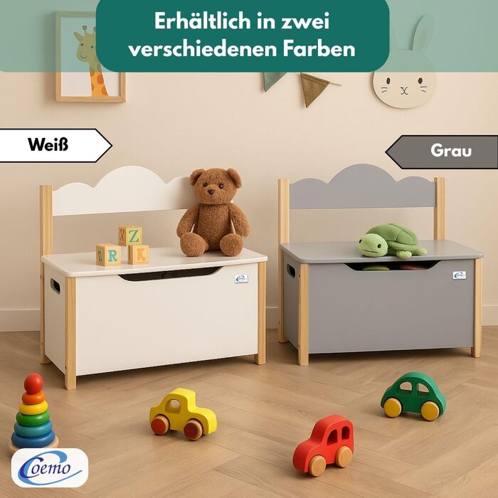 Дерев'яна іграшкова скриня Coemo з банківкою, білий колір, Trudi, 60x26x55 см – банківка для дитячої кімнати з місцем для зберігання, іграшкова скриня з безпечним шарніром, дитяча висота сидіння, декоративний дизайн хмаринок