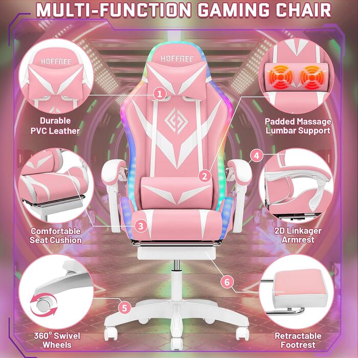Ігрове крісло з динаміками, світлодіодне, масажне, підставка для ніг, ергономічне, регульоване, Чорний (рожевий)
