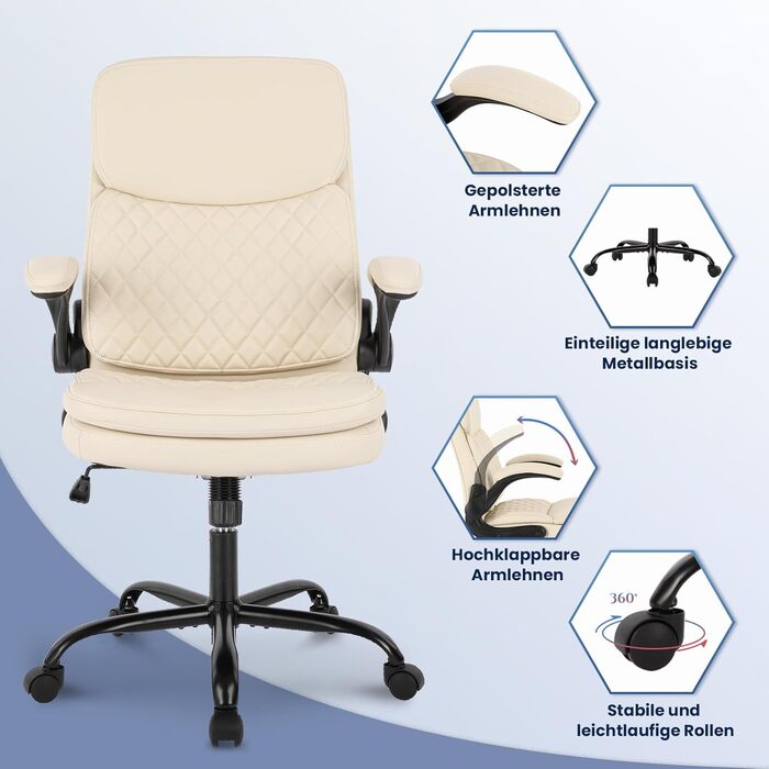 Офісний крісло Colamy: ергономічний, з високою спинкою, регульовані підлокітники, шкіряне покриття (слонова кістка)