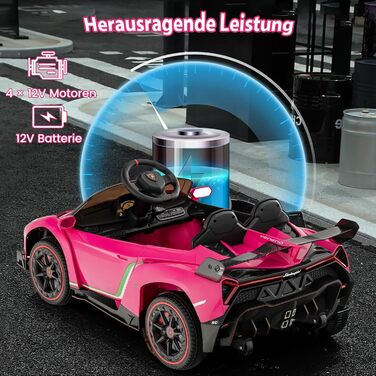 Електромобіль для дітей COSTWAY Lamborghini, рожевий, з пультом ДУ, LED-фарами, клаксоном і музикою, швидкість 3-6 км/год, дитяча машина від 3 років