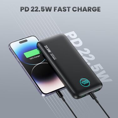 Швидкий зарядний пристрій 22,5 Вт, PD3.0 QC4.0 USB-C, LCD дисплей, 3 виходи, A-Black, 10800mAh