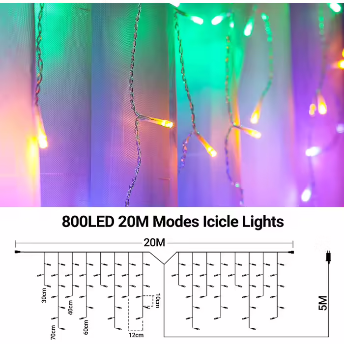 Гірлянда-бахрома 20 м 800 LED Elegear, різнокольорова, для вулиці, з таймером, IP44, розширювана, 8 режимів, для вікна, даху, балкона, новорічна декорація