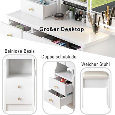 Дзеркальний туалетний столик YuYe з LED-підсвічуванням, регульованою яскравістю, з пуфом, 5 шухлядами та 3 полицями, білий, модель T68