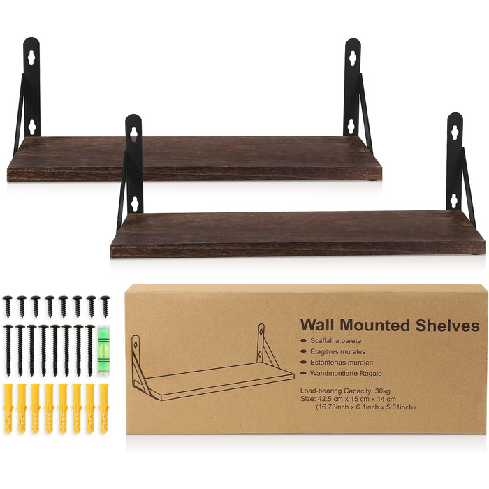 Настінна полиця з дерева Uten, рустикальна підвісна полиця з тримачем для рушників, 2 шт, темно-коричнева — для ванної, кухні, вітальні та спальні