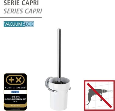 Набір для унітазу WENKO Vacuum-Loc Capri, декоративний тримач для щітки для унітазу з білої кераміки в поєднанні з нержавіючим литим цинком, вкл. щітку для унітазу, кріплення без свердління, 11 x 37 x 14,5 см, білий/сріблястий