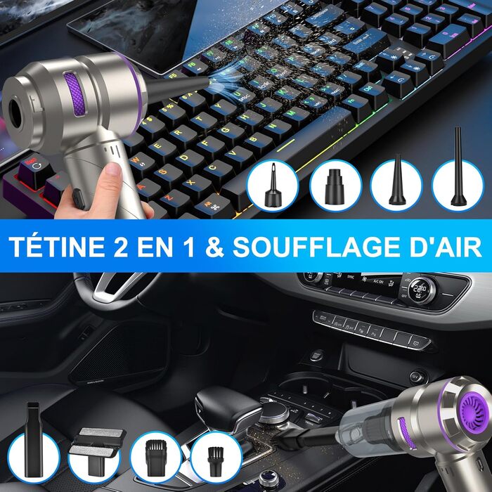 Бездротовий ручний автомобільний пилосос 4 в 1, потужність 18000Па, безщітковий мотор 200 000 об/хв, 3 рівні всмоктування для авто, дому та шерсті тварин, сріблястий