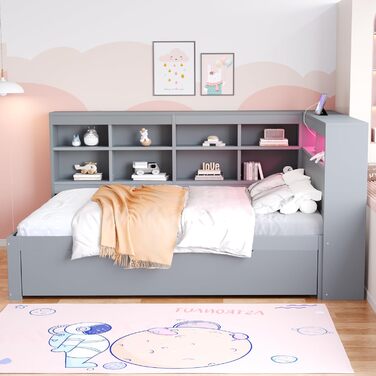 Диван-ліжко Kehun Doppelbet з LED-підсвіткою та USB-портом, трансформер з ящиками для зберігання та полицею, ліжко з ламелями, білий колір, без матраца, 140x200 см (сірий)