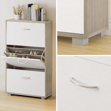 Шафа для взуття Casaria® на 18 пар, вузька, 115x60x25 см, 3 дверцята, висока, з дерева, закрита, з фіксацією від перекидання, для прихожого, світла бука/білий колір