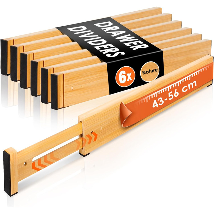 Органайзери для шухляд MUUKAIII: набір 6 шт. з бамбука, регульовані (43-56 см), для кухні та шафи - білий (натуральний)