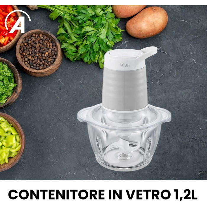 Електричний подрібнювач Ardes ARCHOP01 з 4 сталевими лезами, 300 Вт, 2 швидкості, скляна чаша
