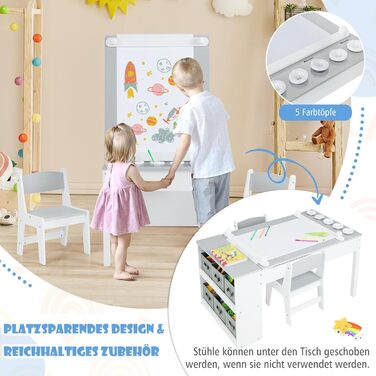 Дитячий стіл COSTWAY 3 в 1 з 2 стільцями, активний стіл-мольберт з підйомною стільницею, набір кольорів, 6 тканинних контейнерів та рулон паперу, сірий, 109x60x55 см