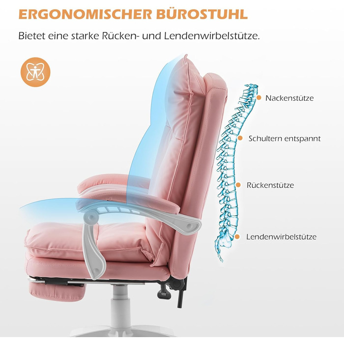 Офісне крісло TUKAILAI: ергономічне, з регулюванням висоти, підлокітники, підставка для ніг, рожеве