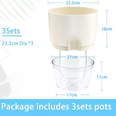 Набір горщиків для квітів з пластику (6 шт.) з автополивом, 22.3/15.3/10.5/8.2 см, для кімнатних рослин, квітів та трав - білий