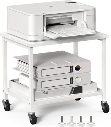 Двоярусний стіл для принтера з роликами Nandae, 30x42x37 см. Підставка для принтера з дерева та металу, мобільний візок з 4 колесами, полиця для зберігання в офіс або вітальню (білий)