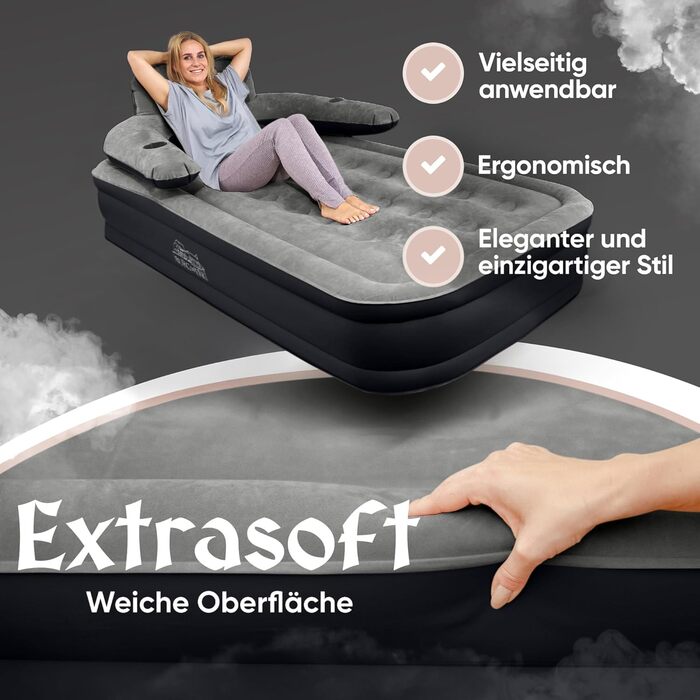 Надувне ліжко 3-в-1 | Гостьове та кемпінгове ліжко | Надувна матрац з електропомпою 150x200 | Самостійно надувна ліжко (1 особа, Чорний/Антрацит)