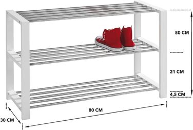 Полиця для взуття Home4You - 3 рівні - 12 пар - 80 см - МДФ - Метал - Хром - Білий